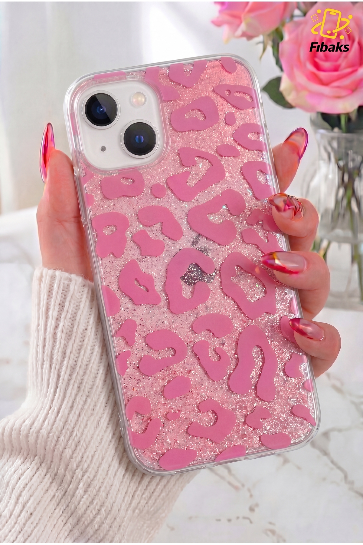 iPhone 13/14/15 Case Glitter Transparent Glitter Pink Leopard Pattern Premium Camera Protected Silicone