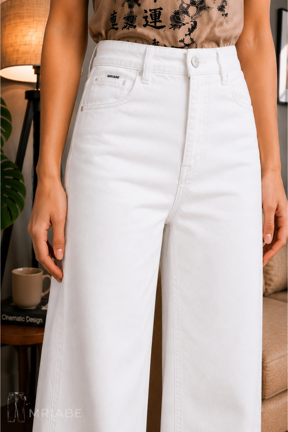 MRİABE Beyaz Yüksek Bel Kadın Palazzo Kot Pantolon, Esnek Denim Kumaş, Düz Bol Paça,Modern Jean görsel 3