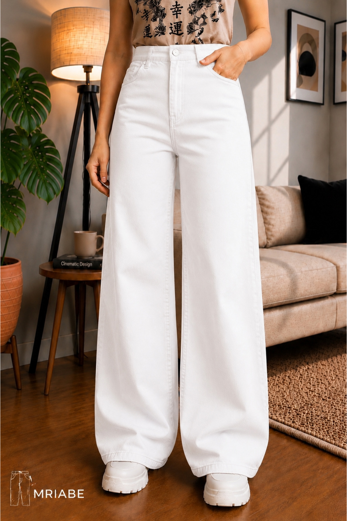 MRİABE Beyaz Yüksek Bel Kadın Palazzo Kot Pantolon, Esnek Denim Kumaş, Düz Bol Paça,Modern Jean