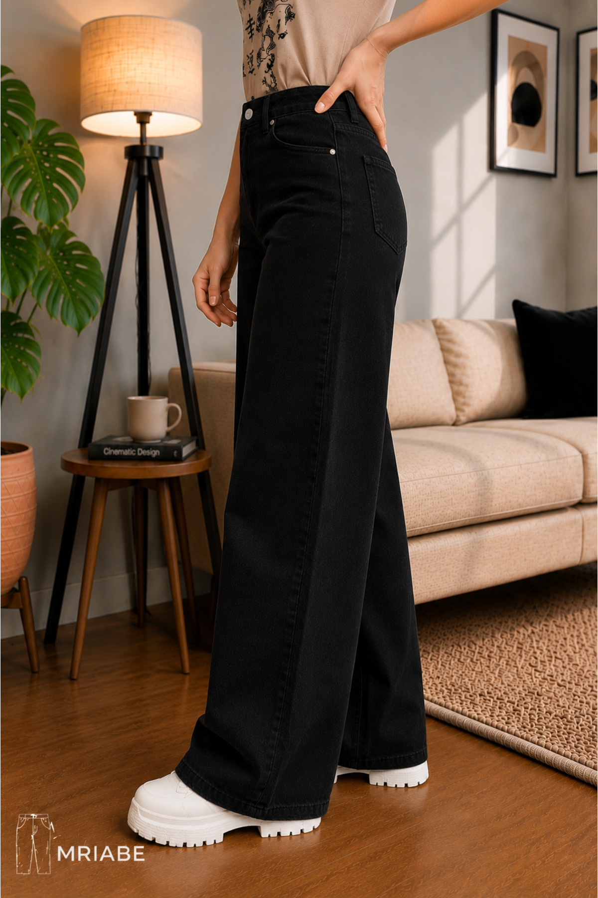 MRİABE SimSiyah Yüksek Bel Kadın Palazzo Kot Pantolon, Esnek Denim Kumaş, Düz Bol Paça,Modern Jean görsel 3
