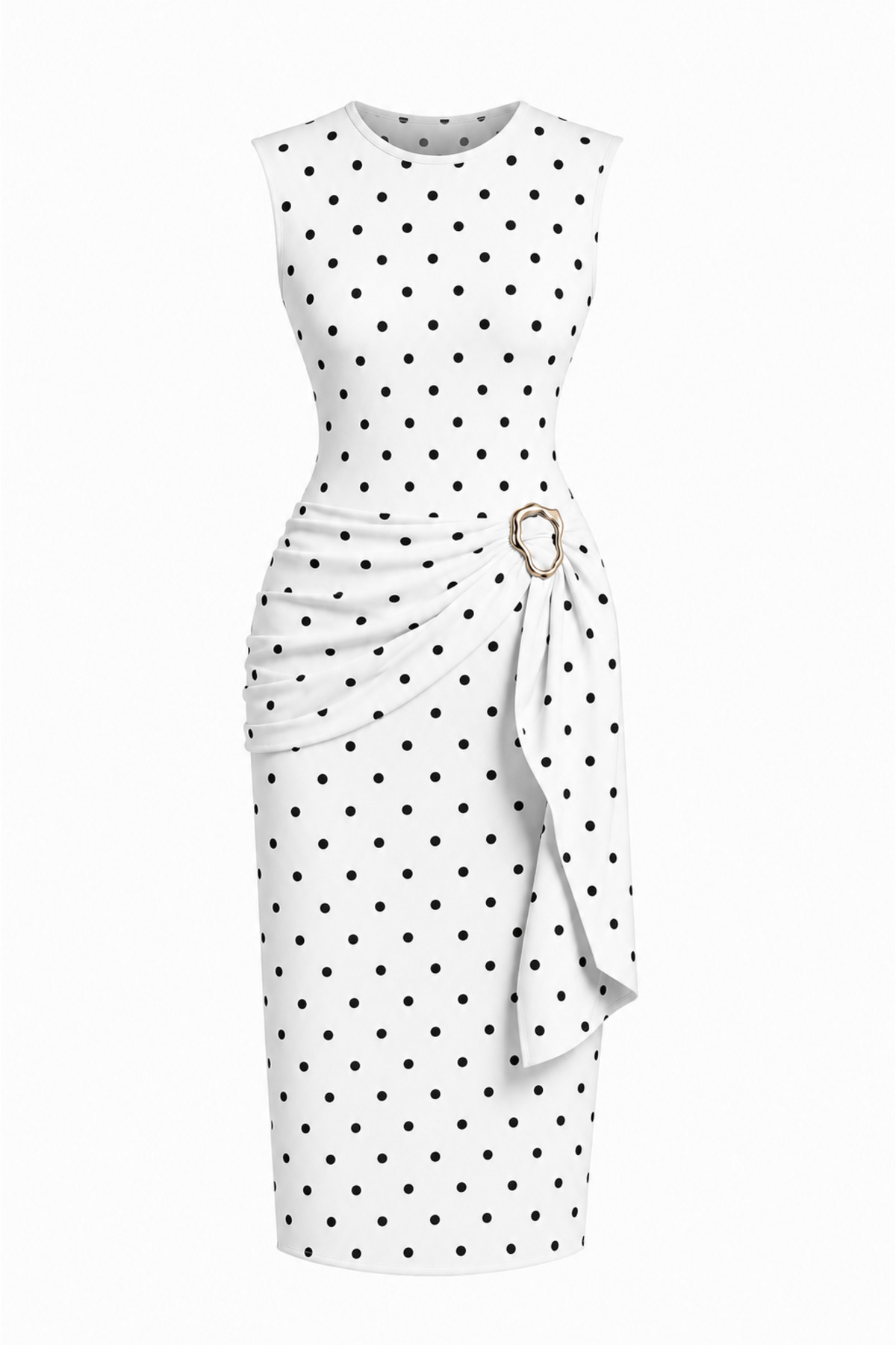 Women's Buckle Detailed Belted Wrap Mold Maxi Size Dress - Sevde Ugur - White-Black Polka Dot