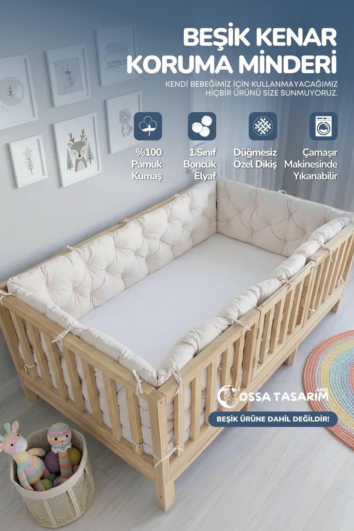 yasetex tasarım Beşik Kenar Koruma Minderi %100 Pamuk Montessori Karyola Uyumlu 30-35 cm Kırık Beyaz - Buble Soft