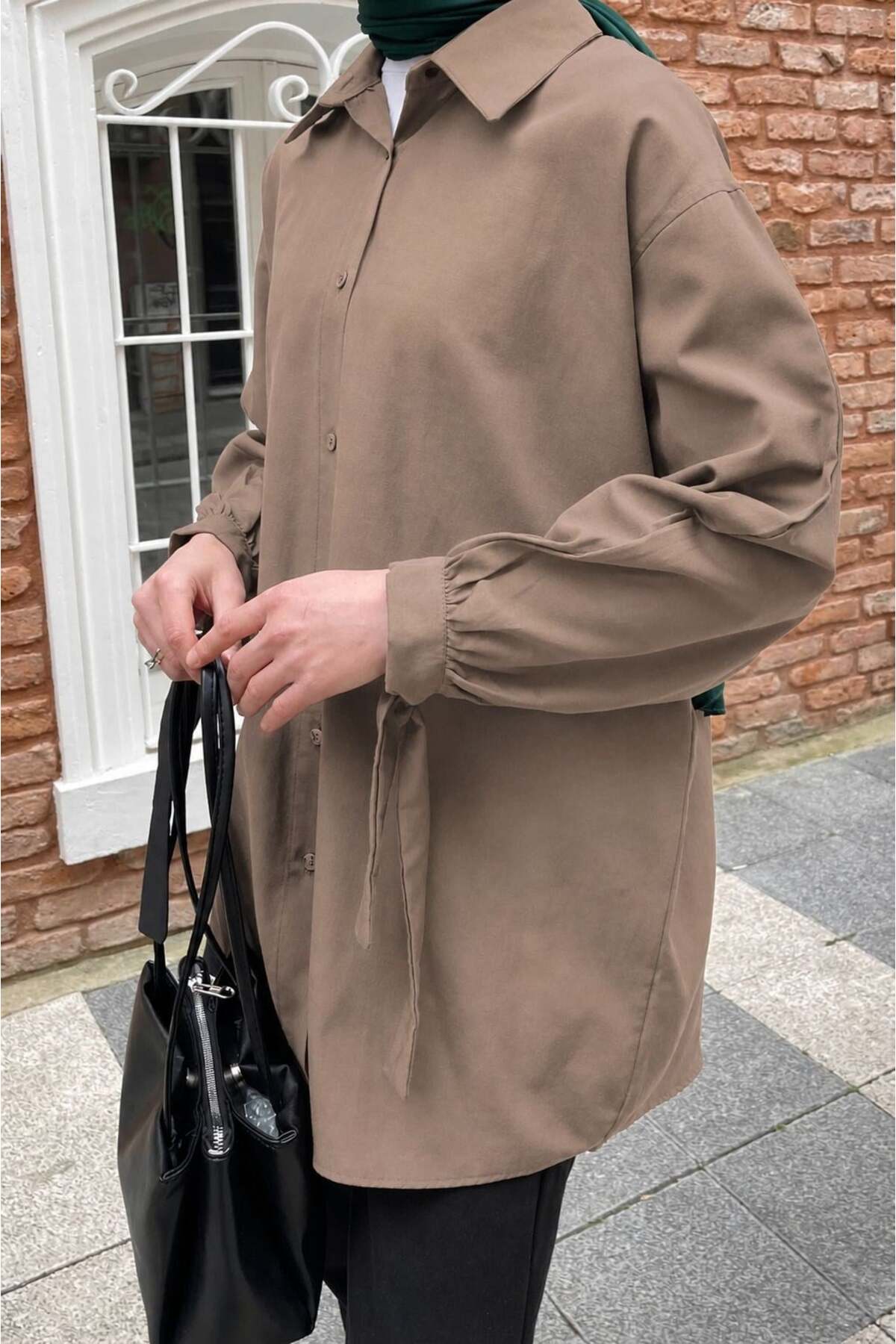 lamelif Kol Detaylı Gömlek Oversize Gömlek Soft Kahve görsel 3