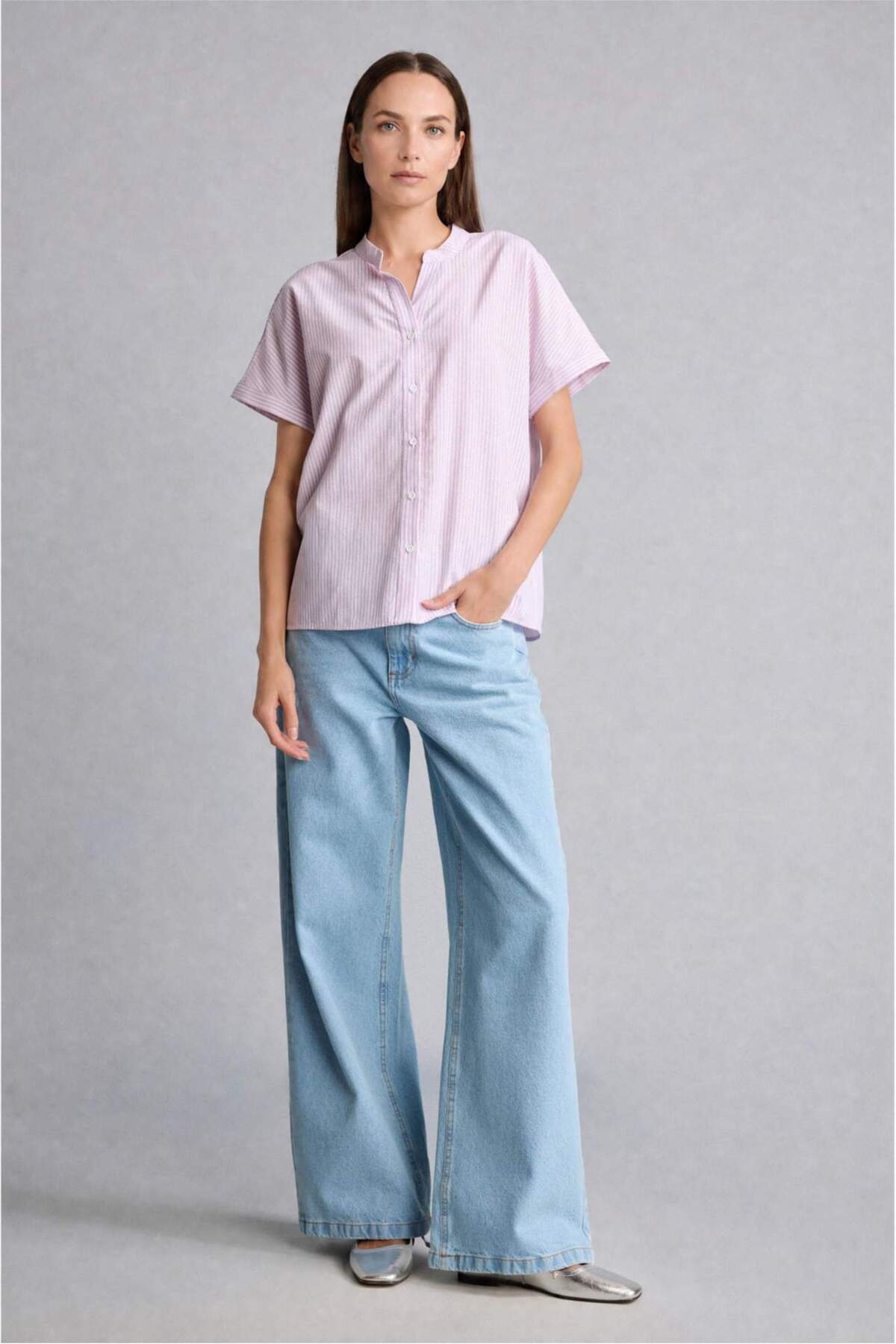 DeFacto Regular Fit Bisiklet Yaka Kısa Kollu Açık Pembe Çizgili Gömlek H8693AX26HS görsel 2