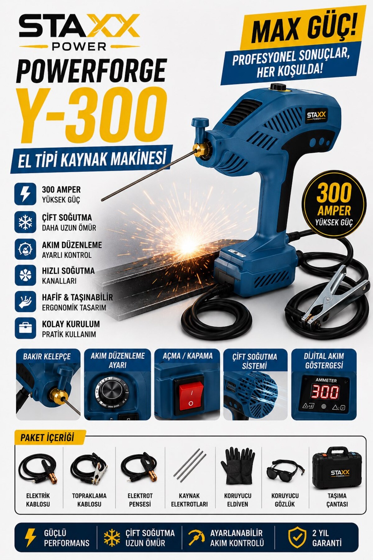 STAXX POWER El Tipi Tabanca Kaynak Makinesi 300A Kompakt Tasarım Dijital Akım Ayarlı Kaynak Cihazı + 10 Elektrot