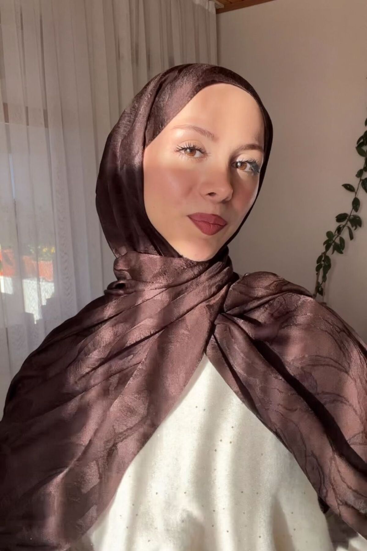 Madame Polo Premium Jakar Şal Sarmaşık Desen - Acı Kahve görsel 2