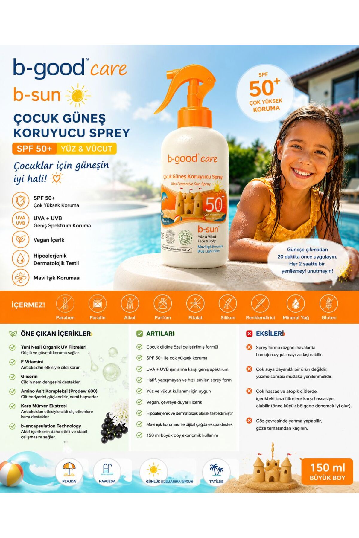 Çocuklar İçin Güneş Kremi I Güneş Kremi I Çocuk Güneş Koruyucu Sprey SPF 50+ 150 ml — b-good-09 — تصویر 3 از 3