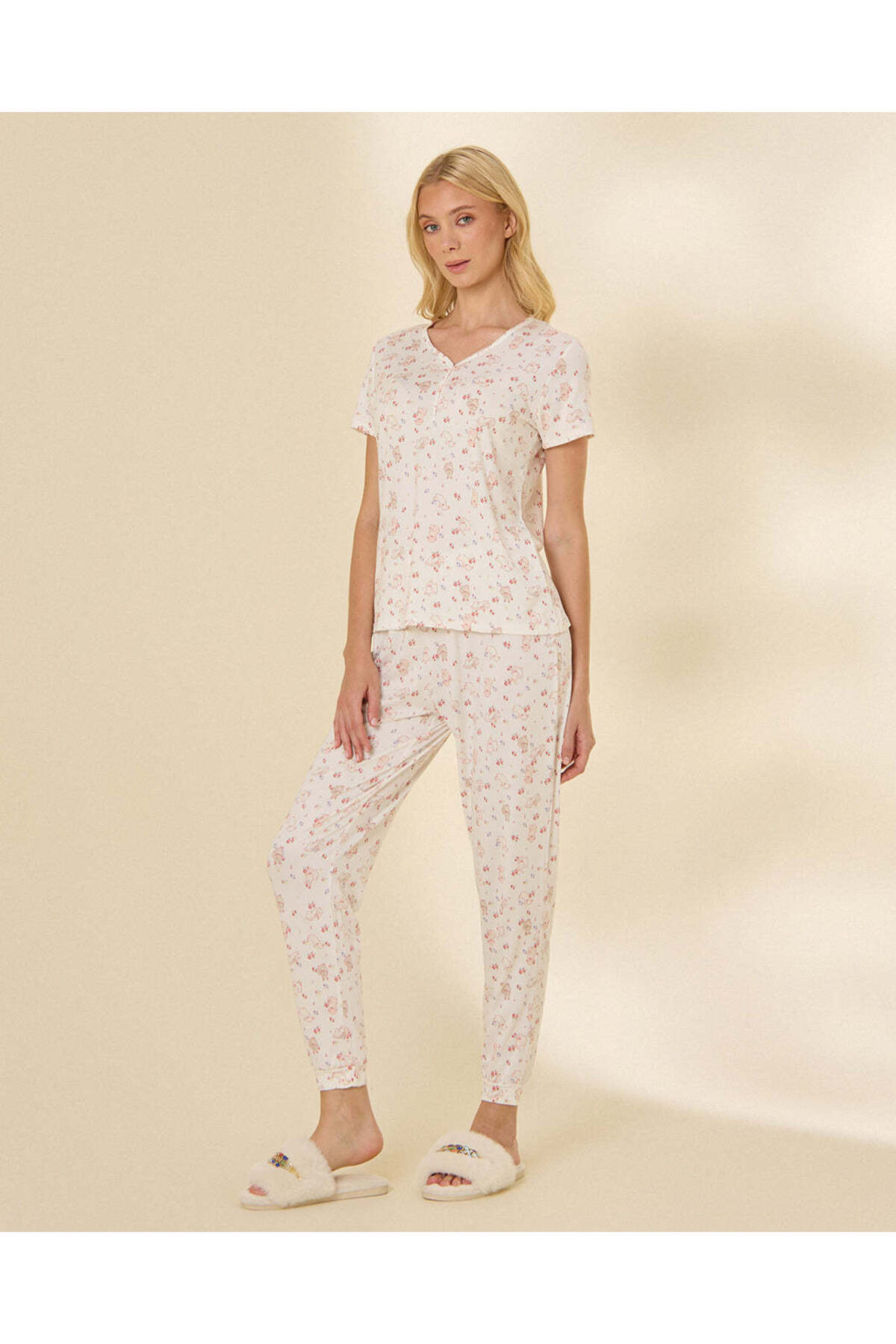 REDTAG Women's Lace Trim V-Neck Floral Print Pajama Set