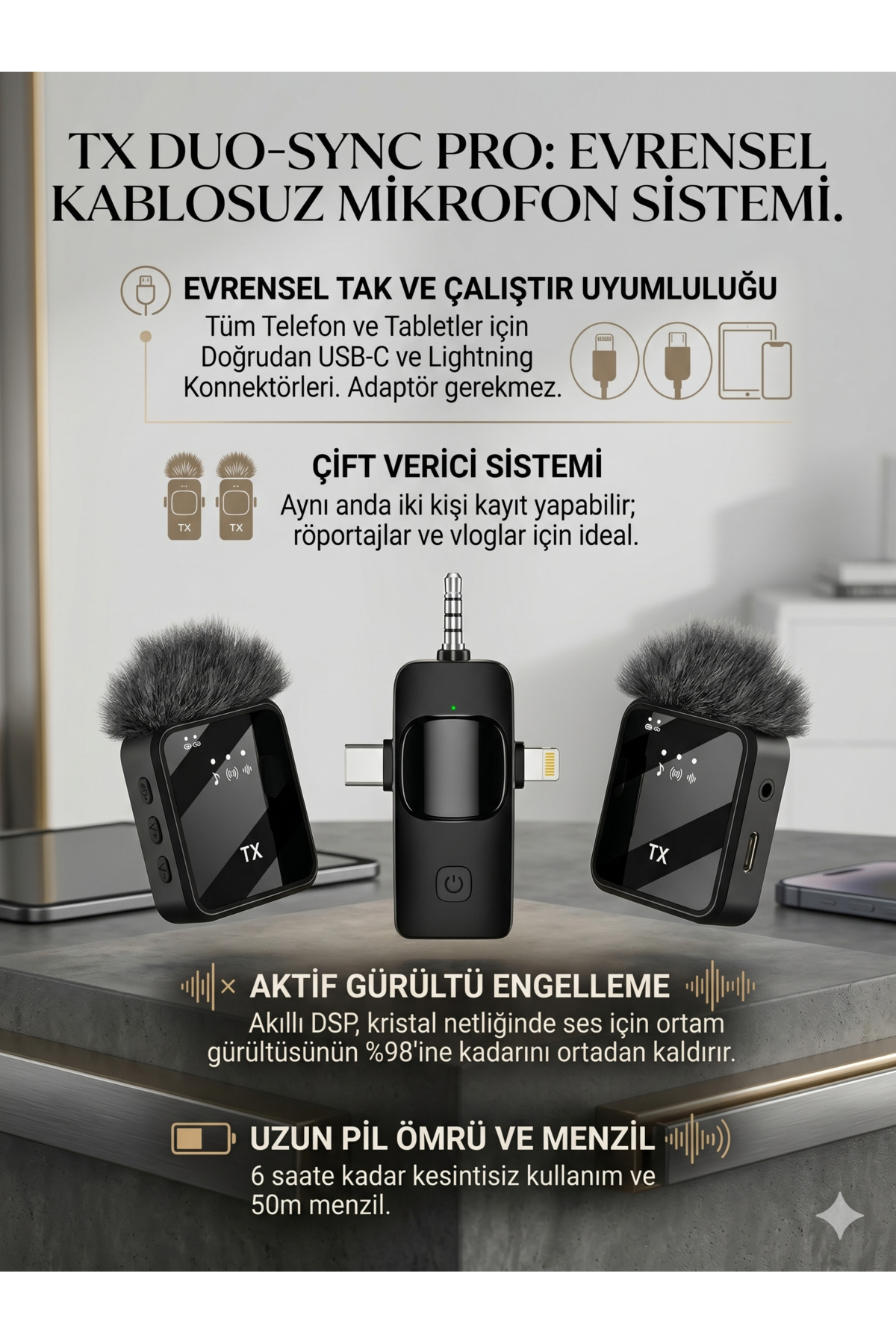 Kablosuz Yaka Mikrofonu Vlog Video Tanıtım Çekimleri Gürültü Önleyici Type-C/Lightning/3.5mm Jack