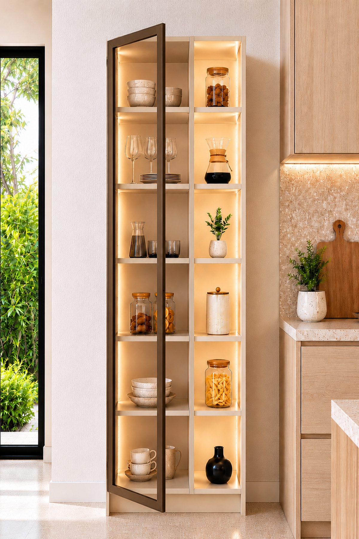Dolce Tek Kapaklı+ Raflı Erzak Dolabı Led Işıklı Kiler Dolabı Temperli Camlı Çok Amaçlı Dolap Kitapl görsel 2