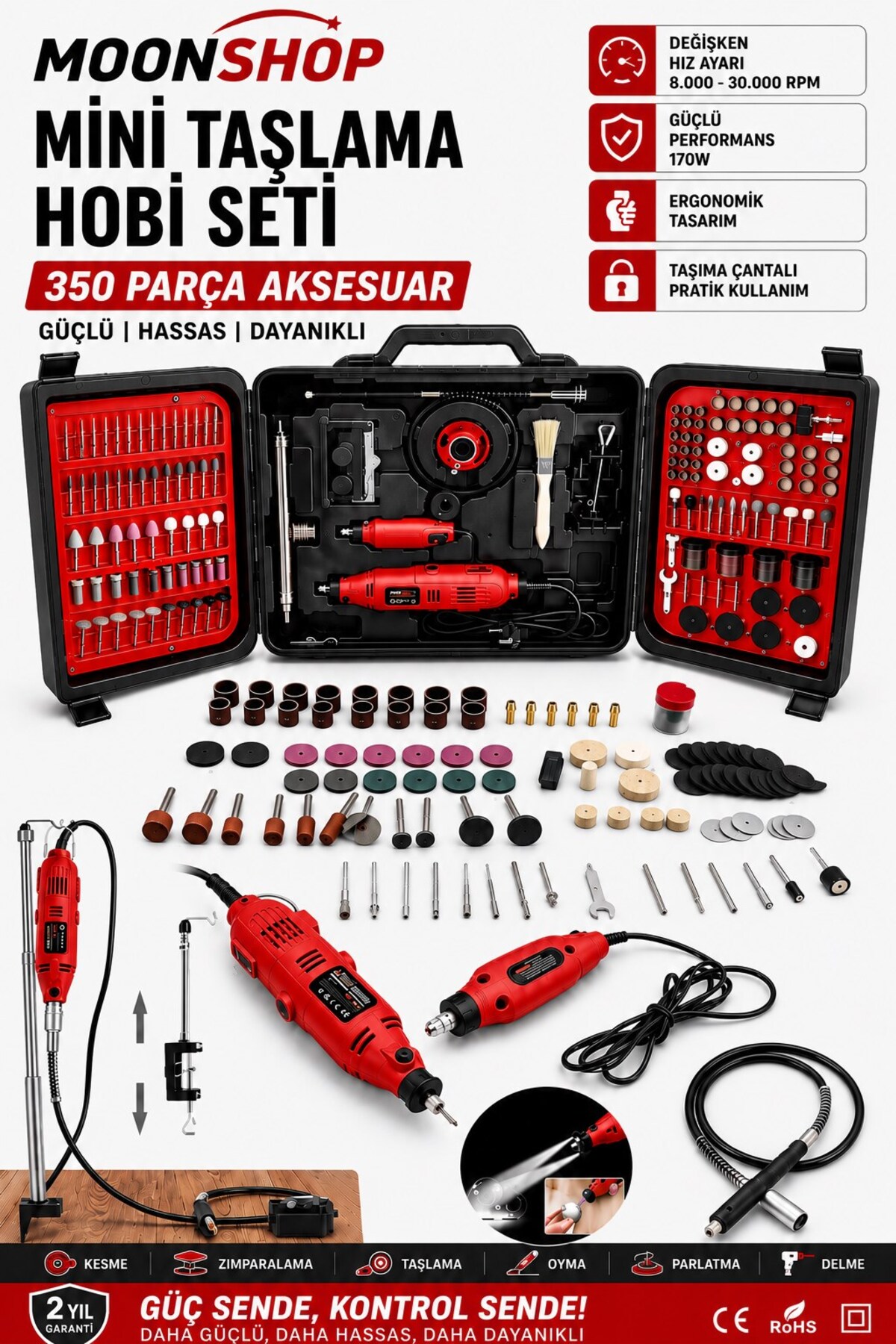 MOONSHOP Mini Taşlama Hobi Seti 350 Parça Aksesuar Gravür Oyma