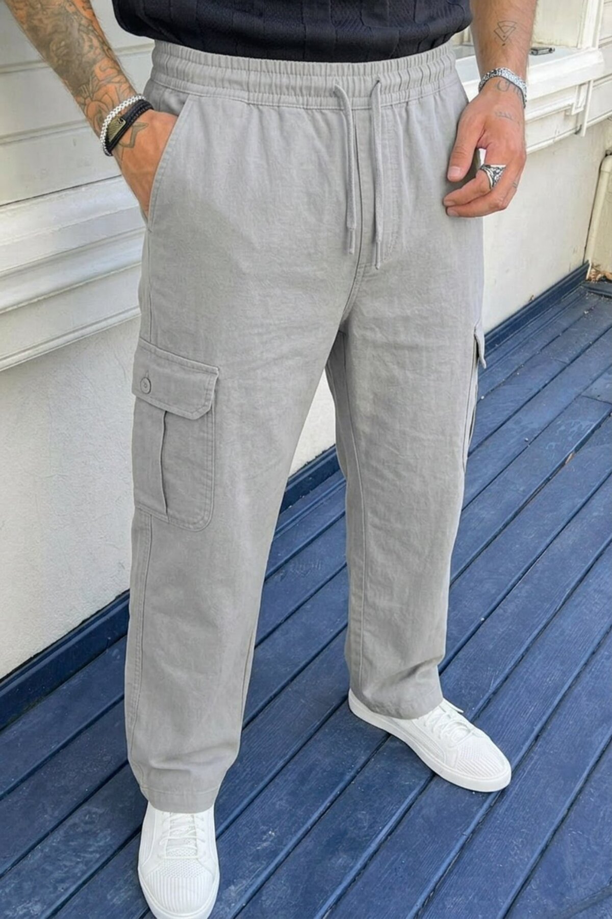 DAMGA JEANS Erkek Kargo Cepli 3 Lü Bol Keten Pantolon görsel 2