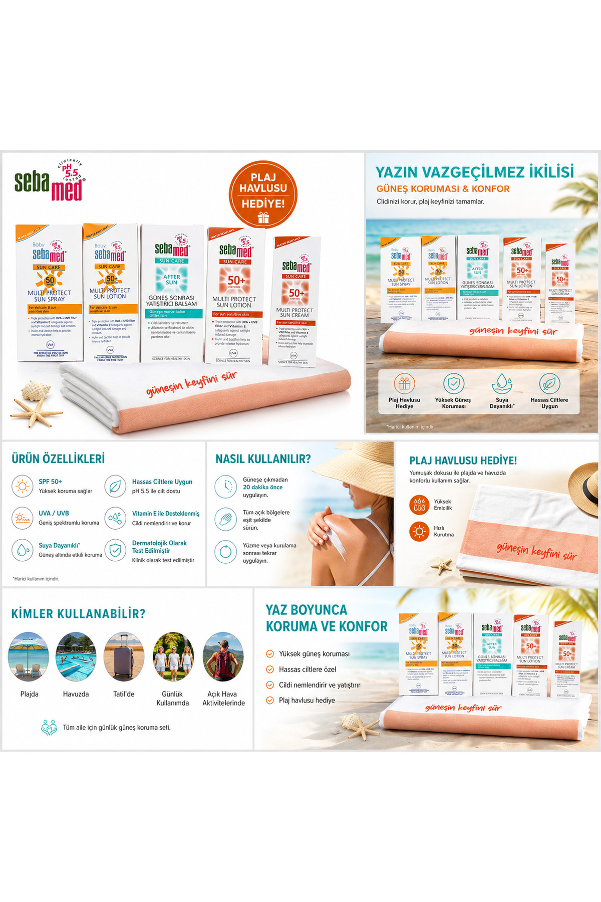 Güneş Koruma SPF 50+ 4 Parça Güneş Kremi + 1 Parça Güneş Sonrası + Plaj Havlusu Hediye — SEBAMED5+HAVLU — تصویر 7 از 7