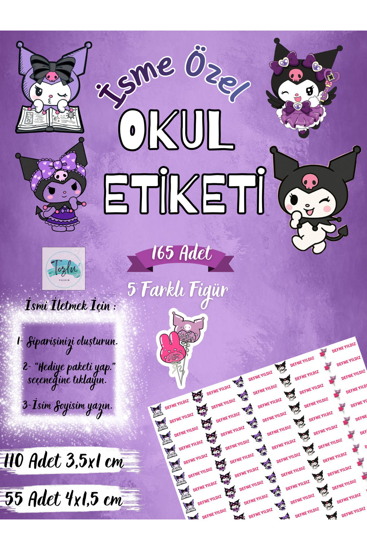 TOZLU RAF 165 Adet Kişiye Özel Kuromi Temalı Okul Etiketi - Fiyatı