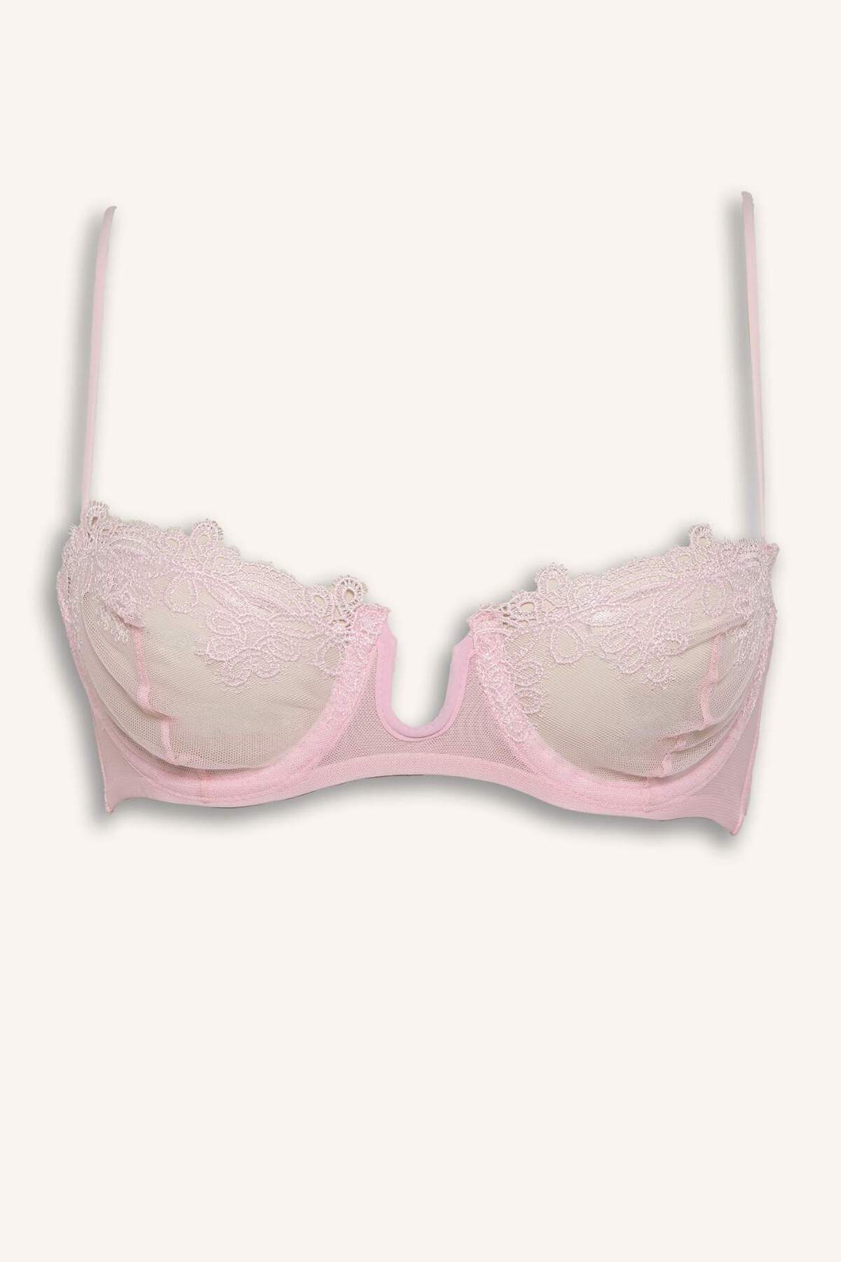 Lace Detailed Tulle Uncoated Padded Underwired Balconet Light Pink Bra F7031AX26SP