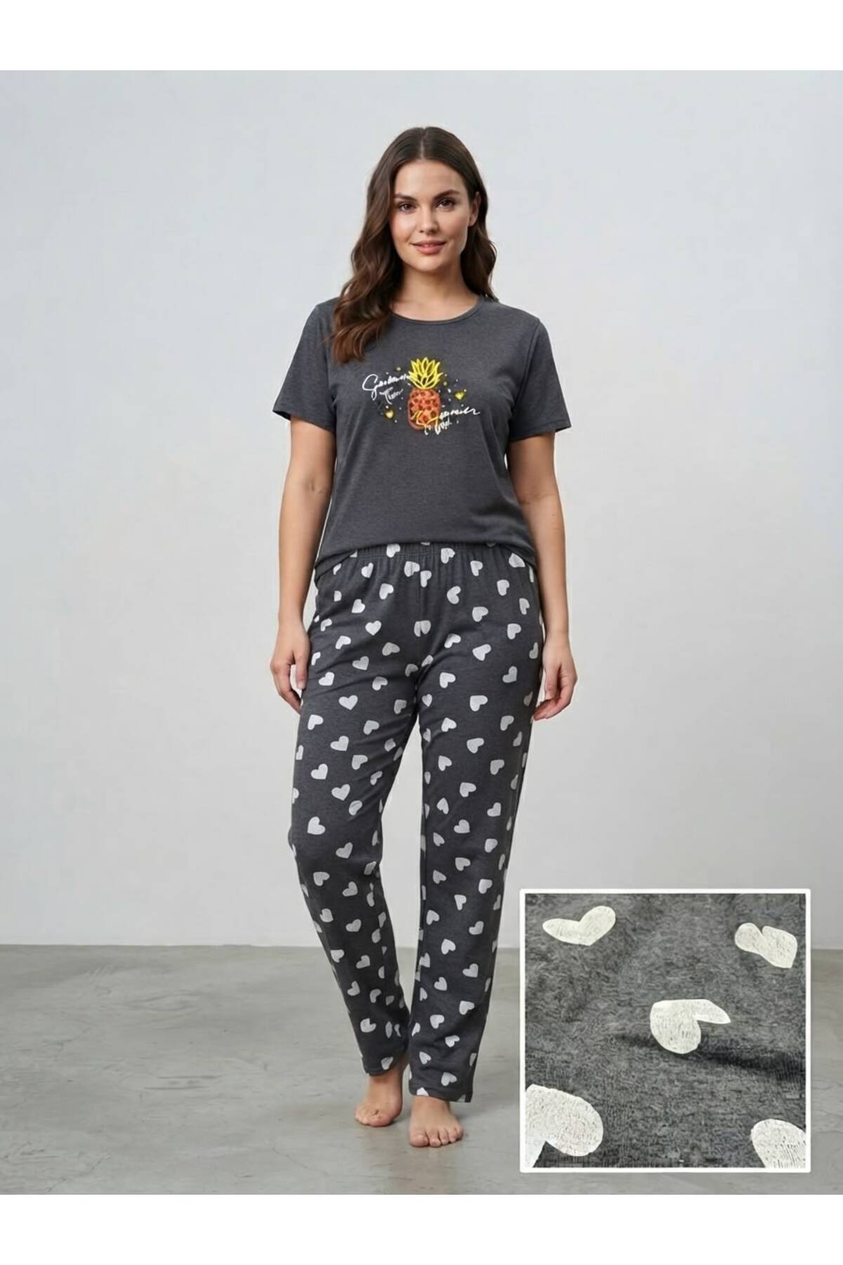 FAMES PİJAMA Summer Heart Pineapple Pattern Gray Combed Cotton Pajama Set