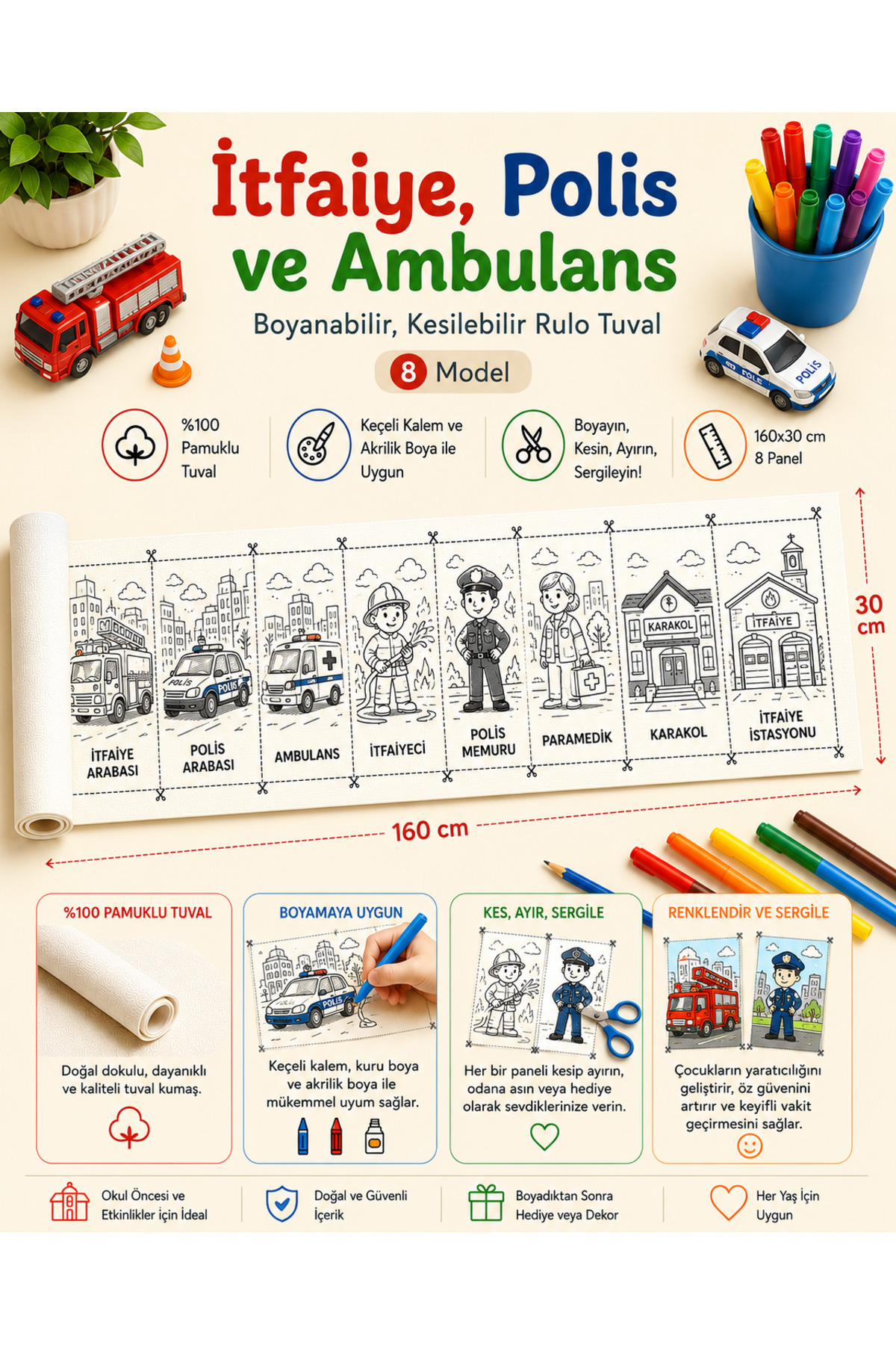 Boyanabilir Kesilebilir Rulo Tuval İtfaiye Polis Ambulans 8 Model Çocuk Boyama Seti 160x30 cm