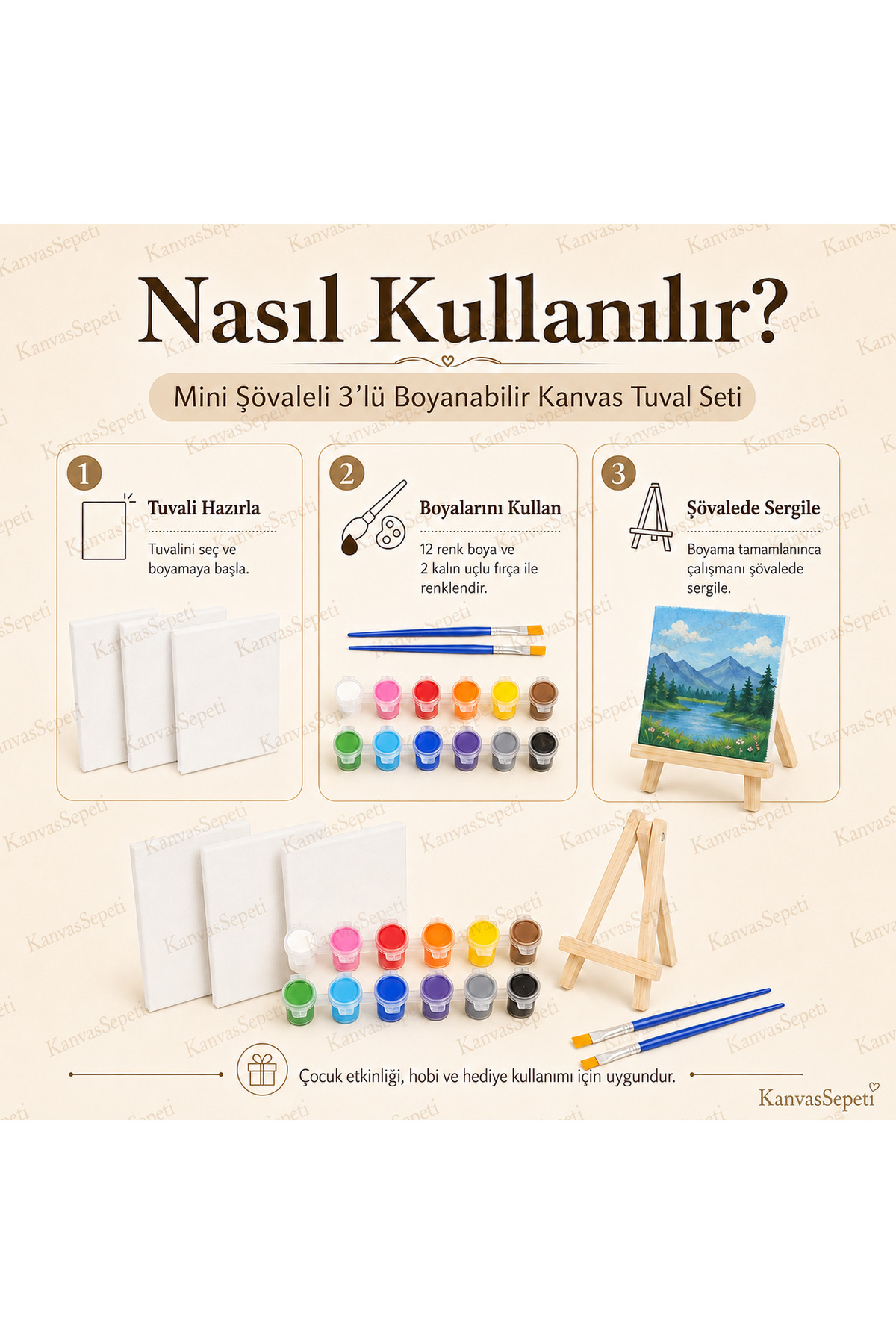 Tatlı Canavarlar Mini Şövaleli 3'lü Boyanabilir Kanvas Tuval Seti 20x20 12 Renk Boya