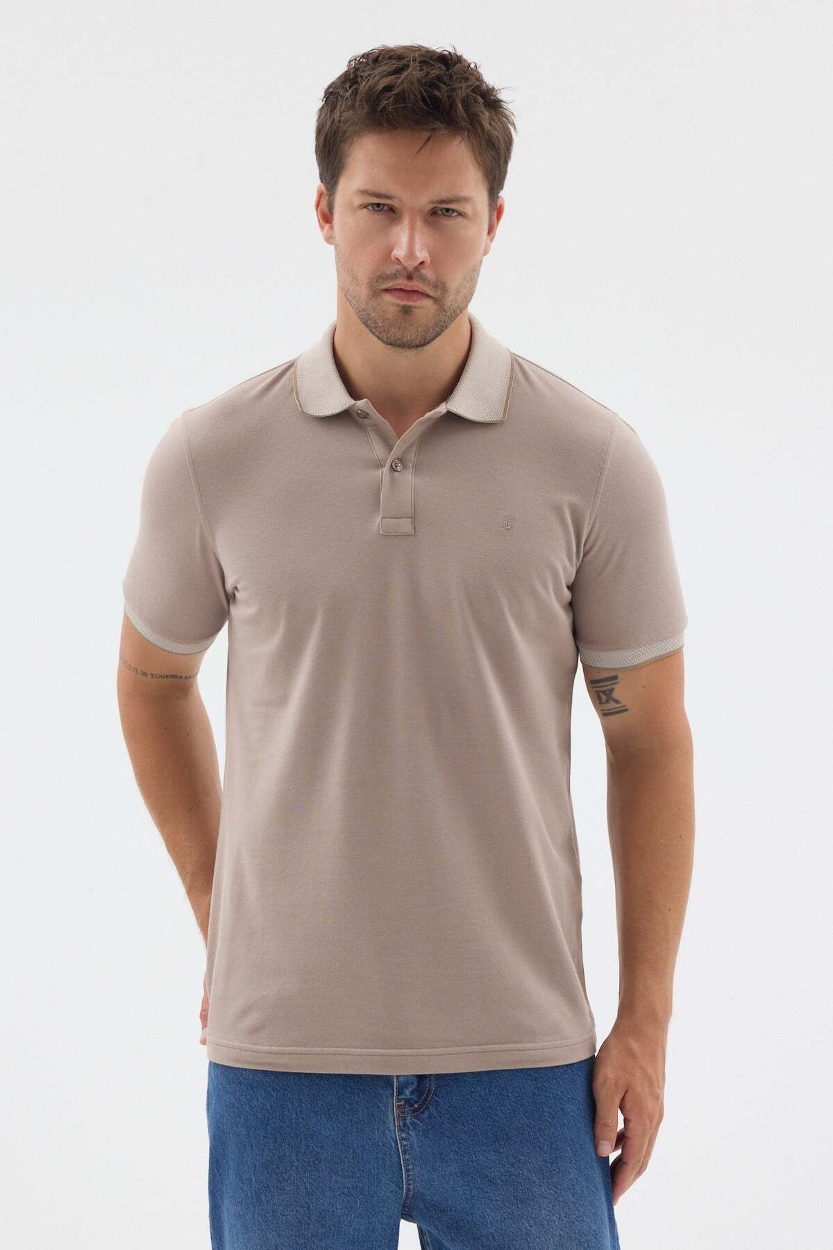 İmza Camel Polo Collar Pique Short Sleeve Slim Fit 100% Cotton T-Shirt 1011260171