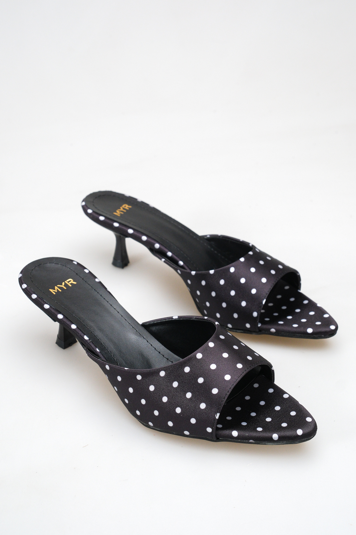 Women Pointed Toe Heels Satin Sandals Black Polka Dot