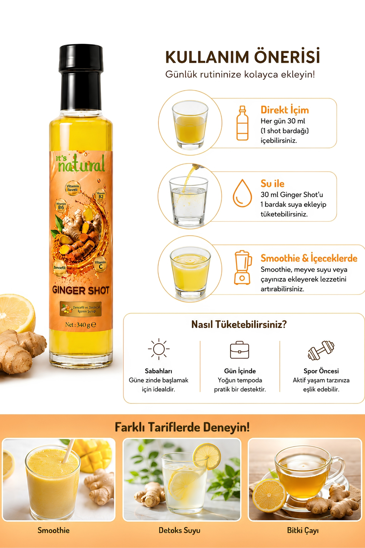 it's Natural Ginger Shot Zencefil & Zerdeçal Şurubu - 340 G