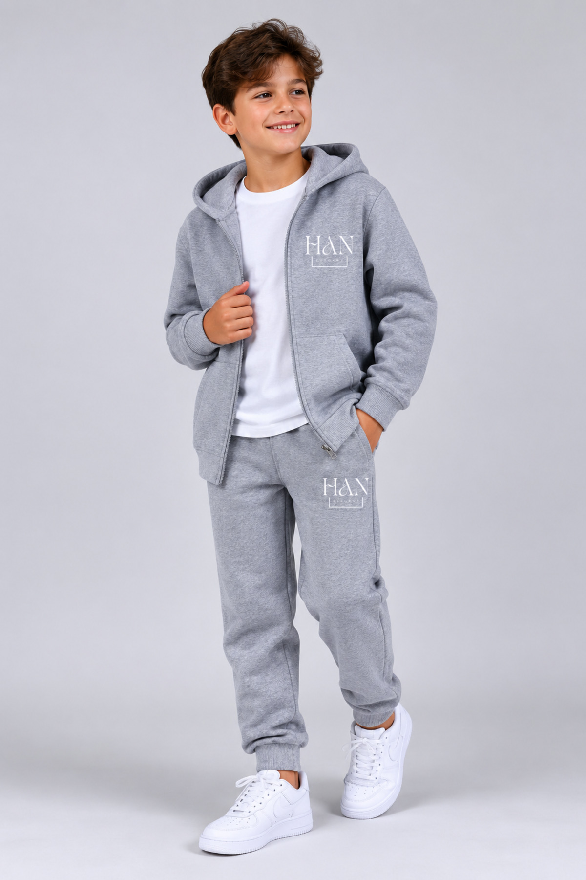 han elegant Custom Logo Printed Unisex Kids Top and Bottom Tracksuit Set