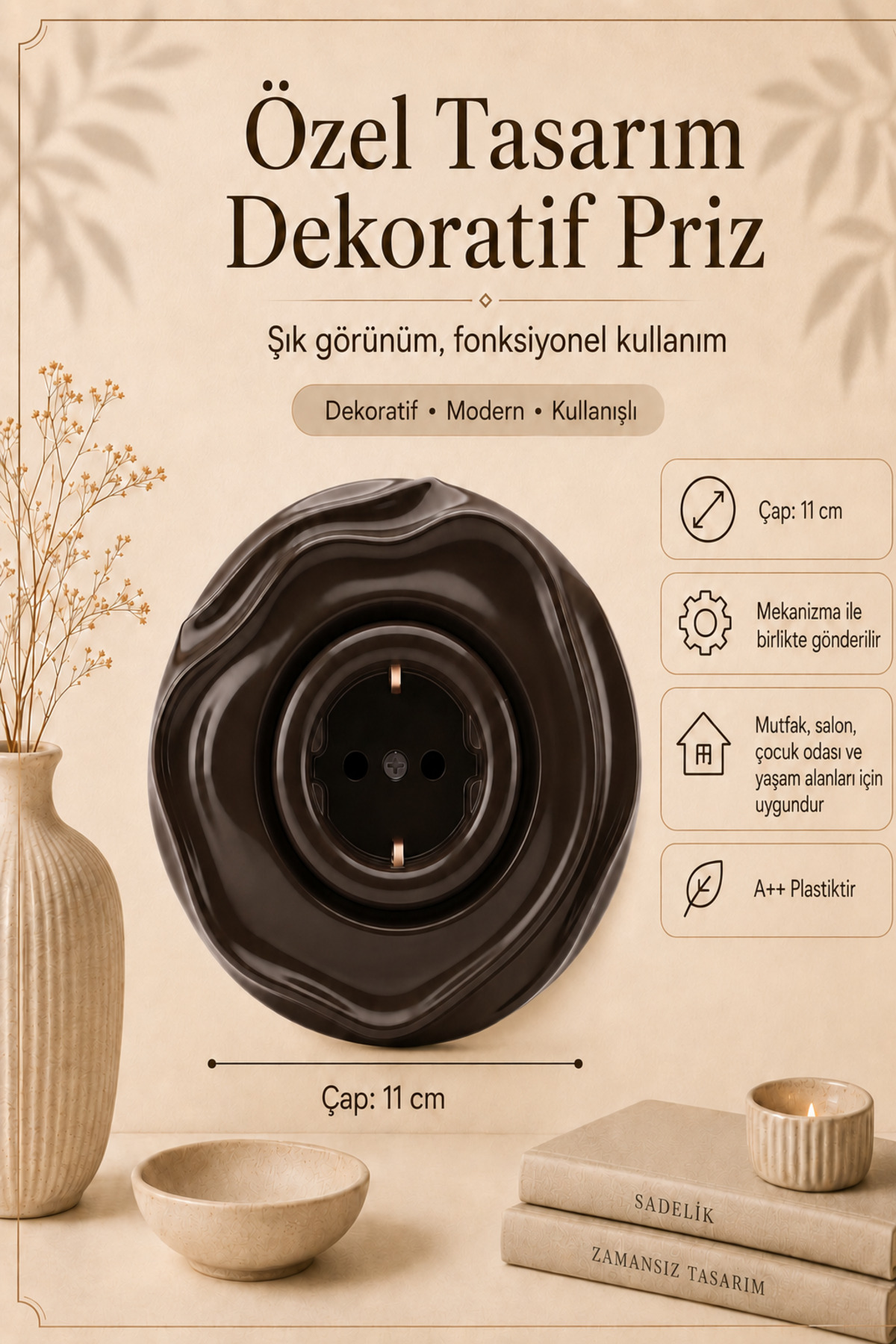 Özel Tasarım Wavy Serisi Kahverengi Dekoratif Priz A Kalite Plastik (Mekanizma Dahildir)