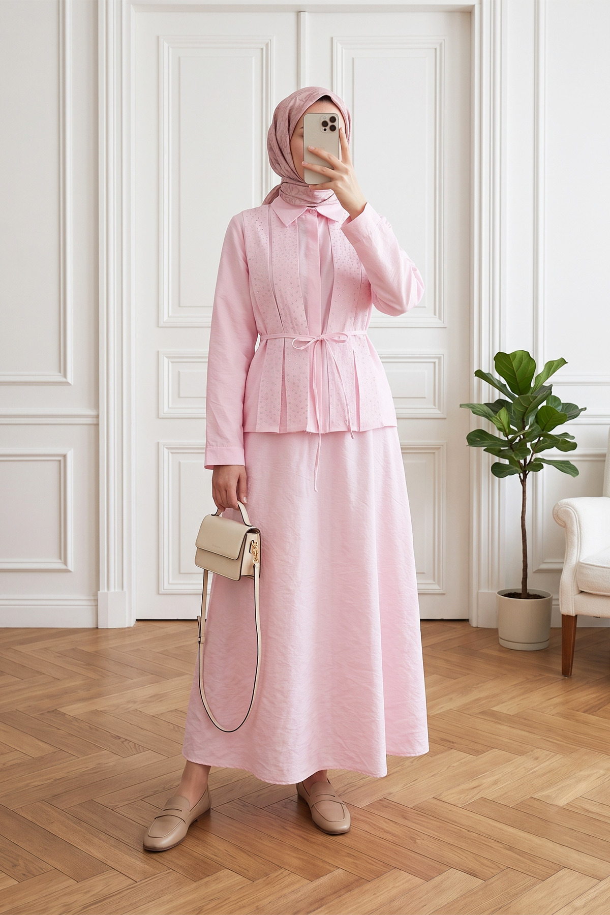 MODAQU Fringed Skirt, Stone Detailed Belted Polyviscon Double Set - Powder