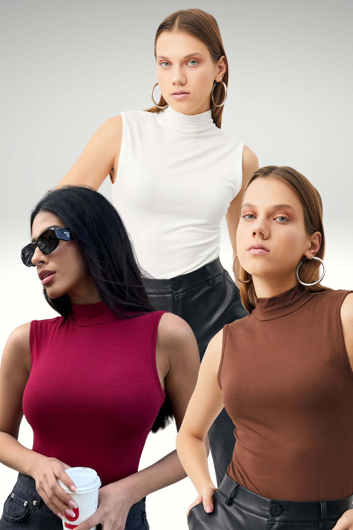 Women's White Bitter Coffee Claret Red 3-Piece Sleeveless Bodysuit