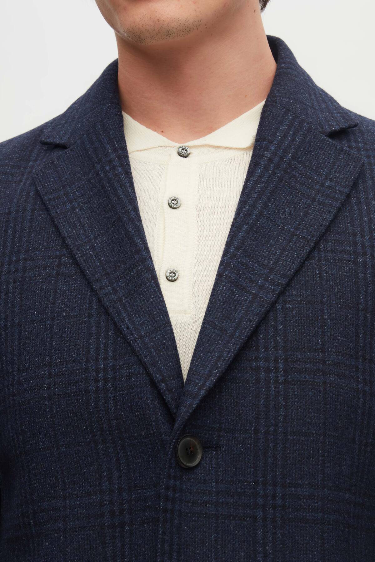 Damat Slim Fit Lacivert Ekose Yün Palto görsel 3