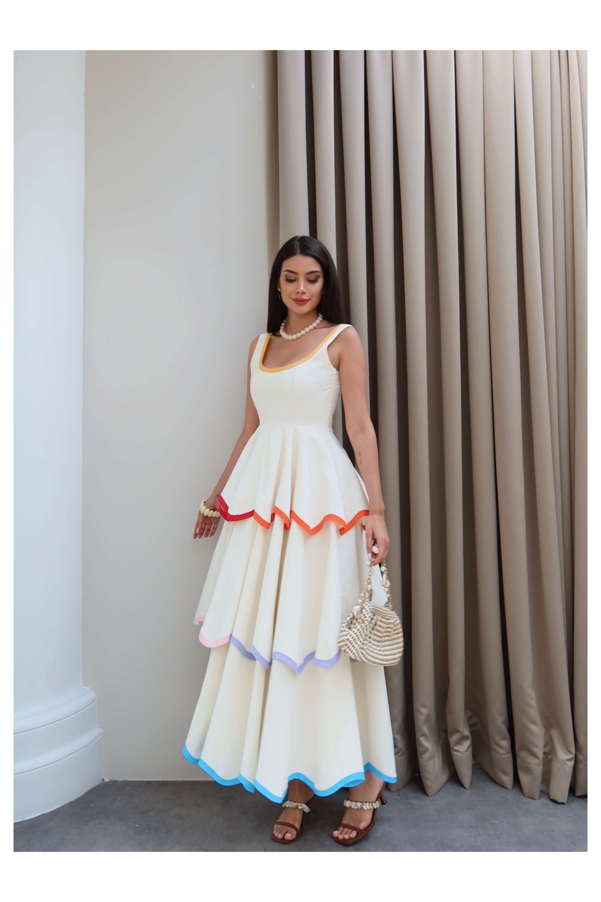 ESRAHELVACI Colorful Ruffle Dress with Piping Detail