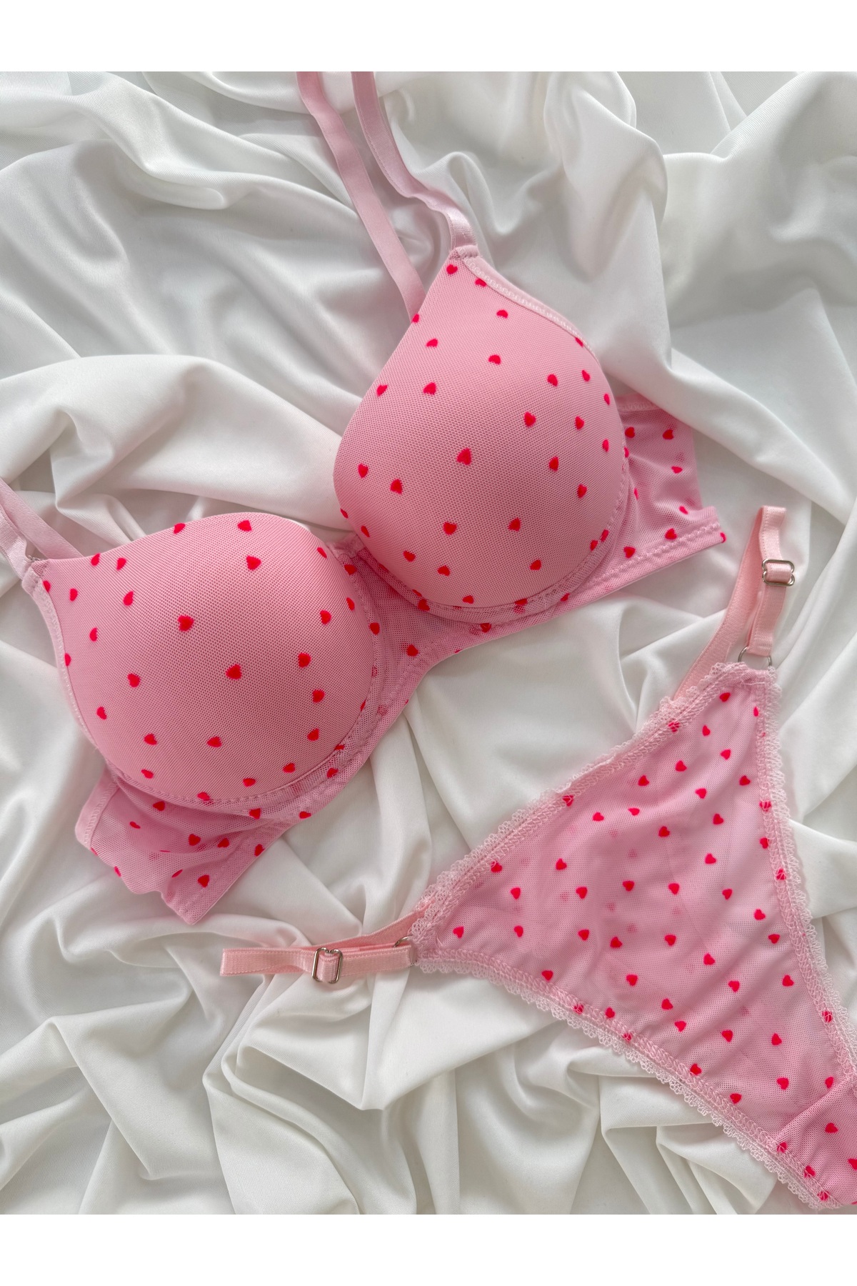İNKO İÇ GİYİM Minik Kalp Desenli Tül Dolgulu Destekli Sütyen Tanga Takım görsel 7