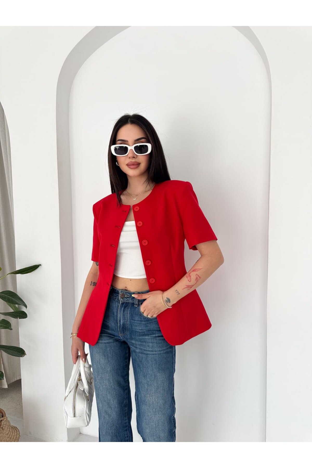 Pukka Kadın Double Kumaş Düğmeli Bel Oturtmalı Kısa Kollu Blazer Ceket görsel 5