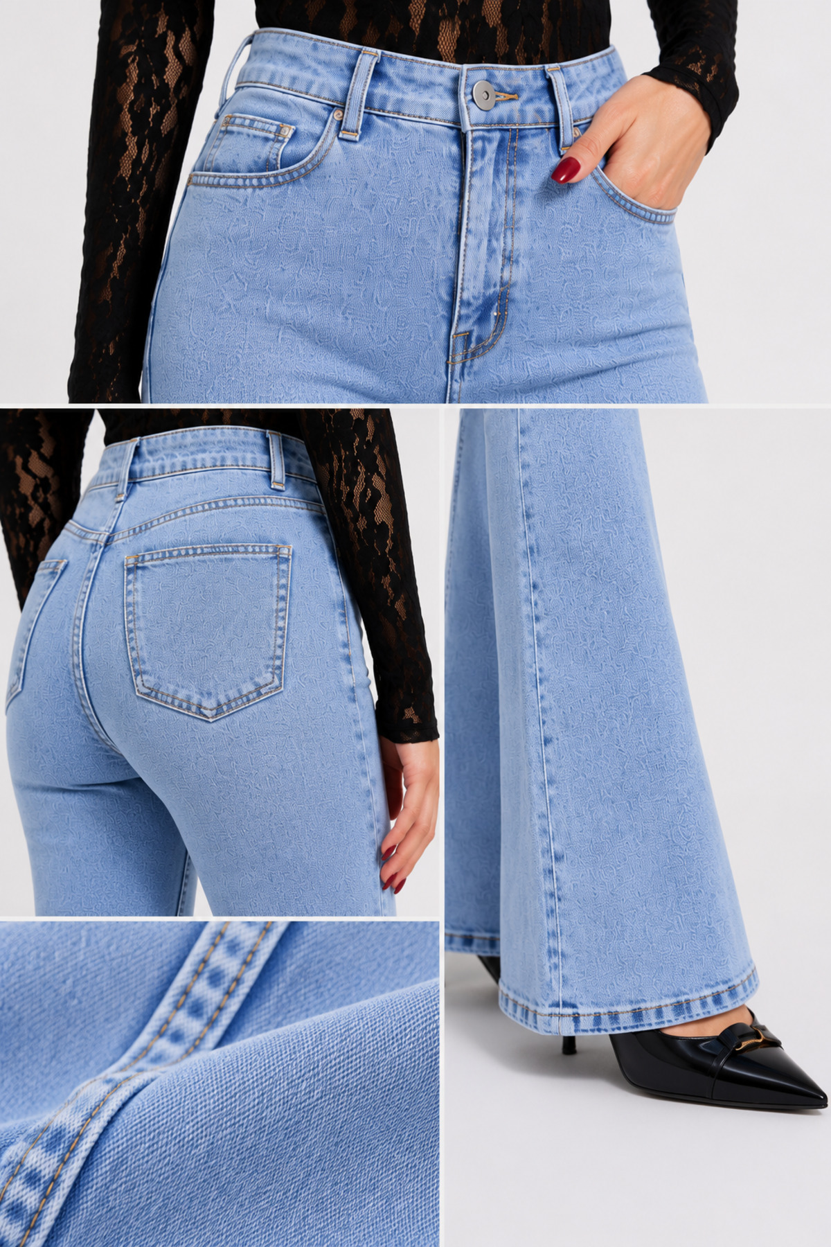 Lighter Jeans Likralı Yüksek Bel İspanyol Paça Kadın Jean Pantolon Kar Mavi Esnek Flare Denim görsel 6