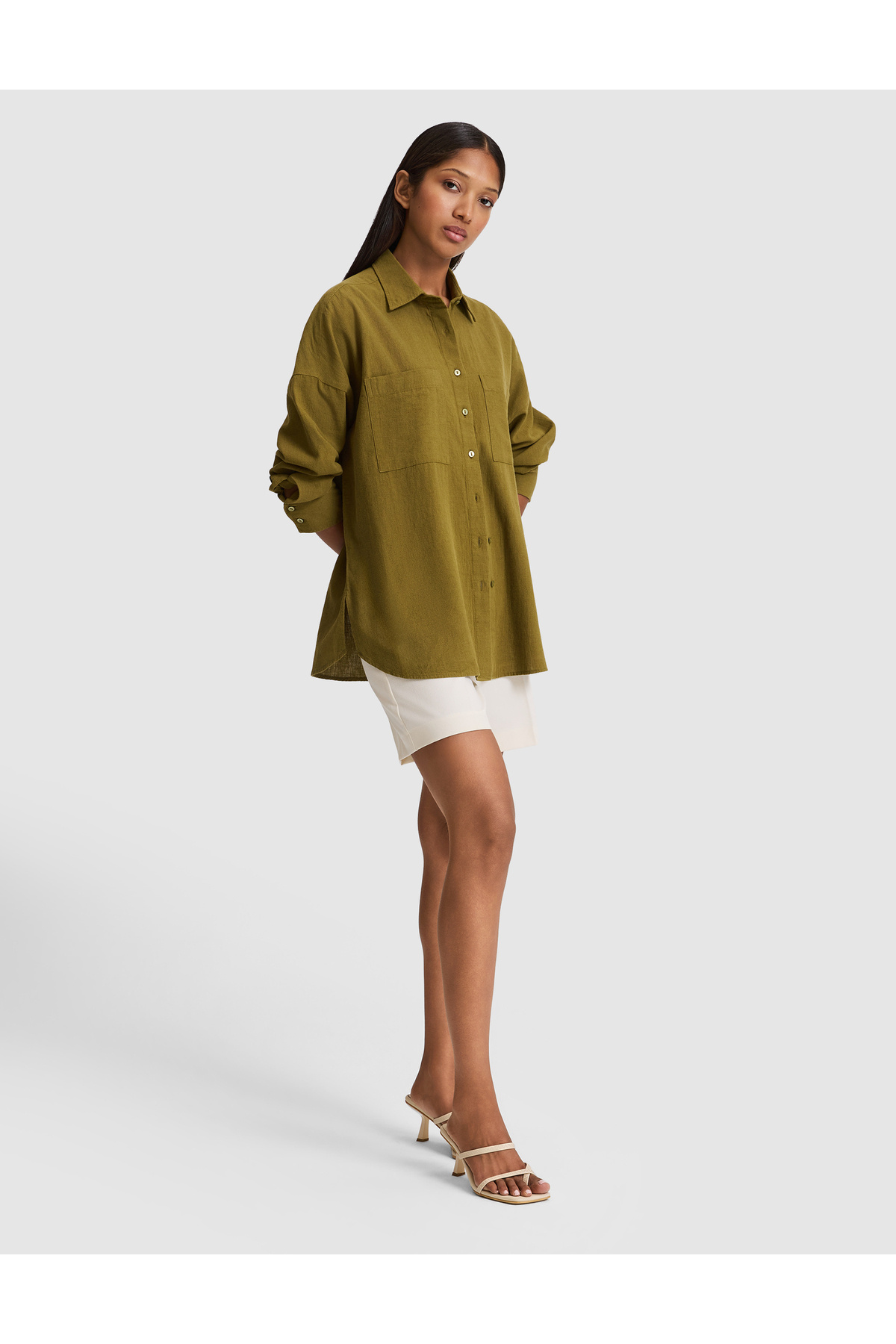 Pierre Cardin Haki Oversize Keten Karışımlı Gömlek 50328624-VR027 görsel 4