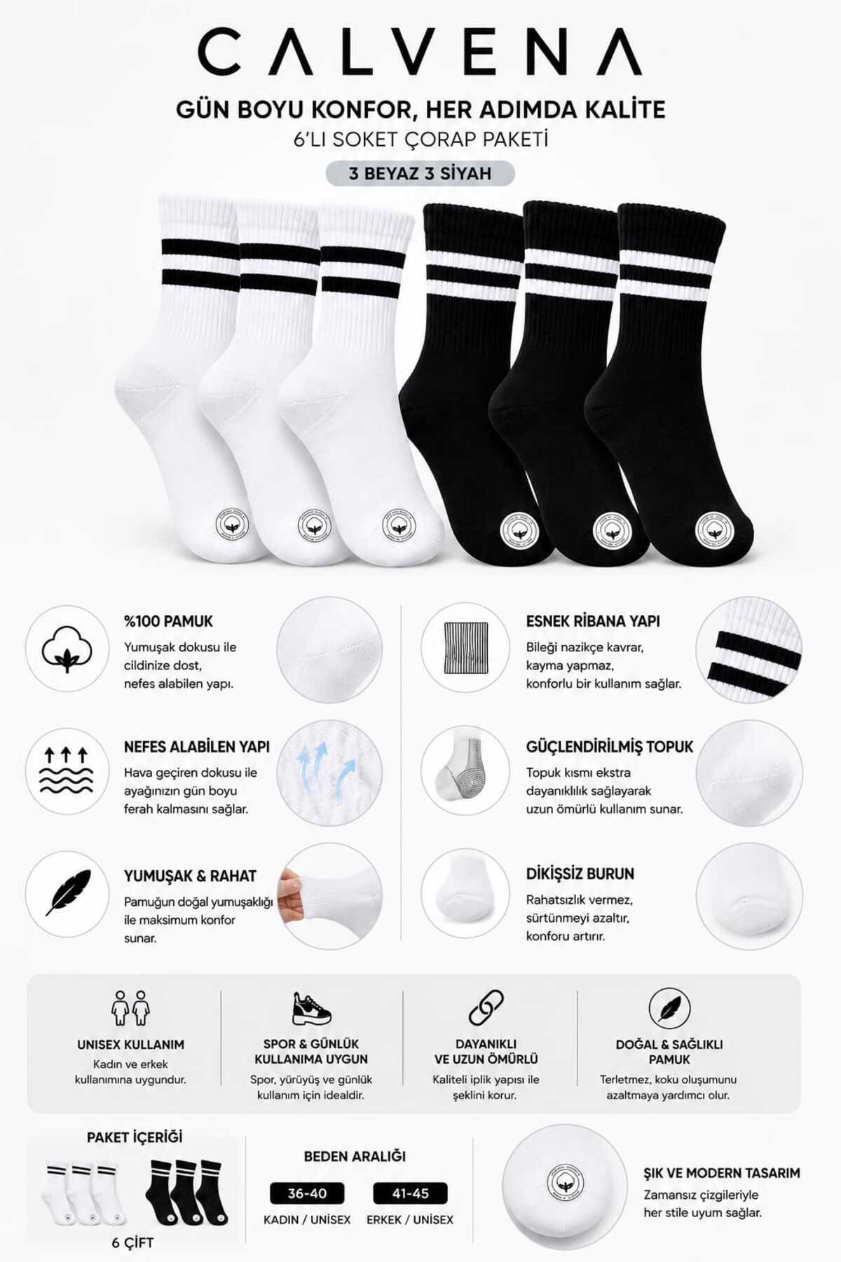 Calvena Unisex 6 Çift Pamuk Dokumalı Çizgili Kısa Tenis Kolej Çorap görsel 2