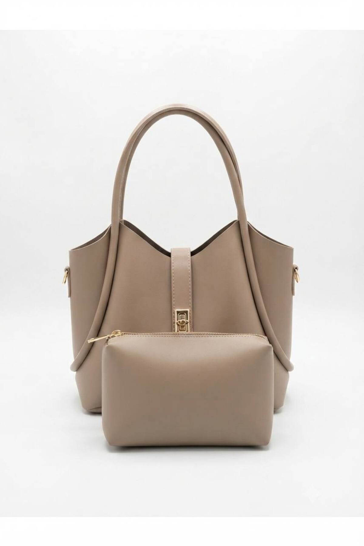 Taupe SİMSON Women's Handbag and Crossbody Bag with Lock Detail and Makeup Pouch