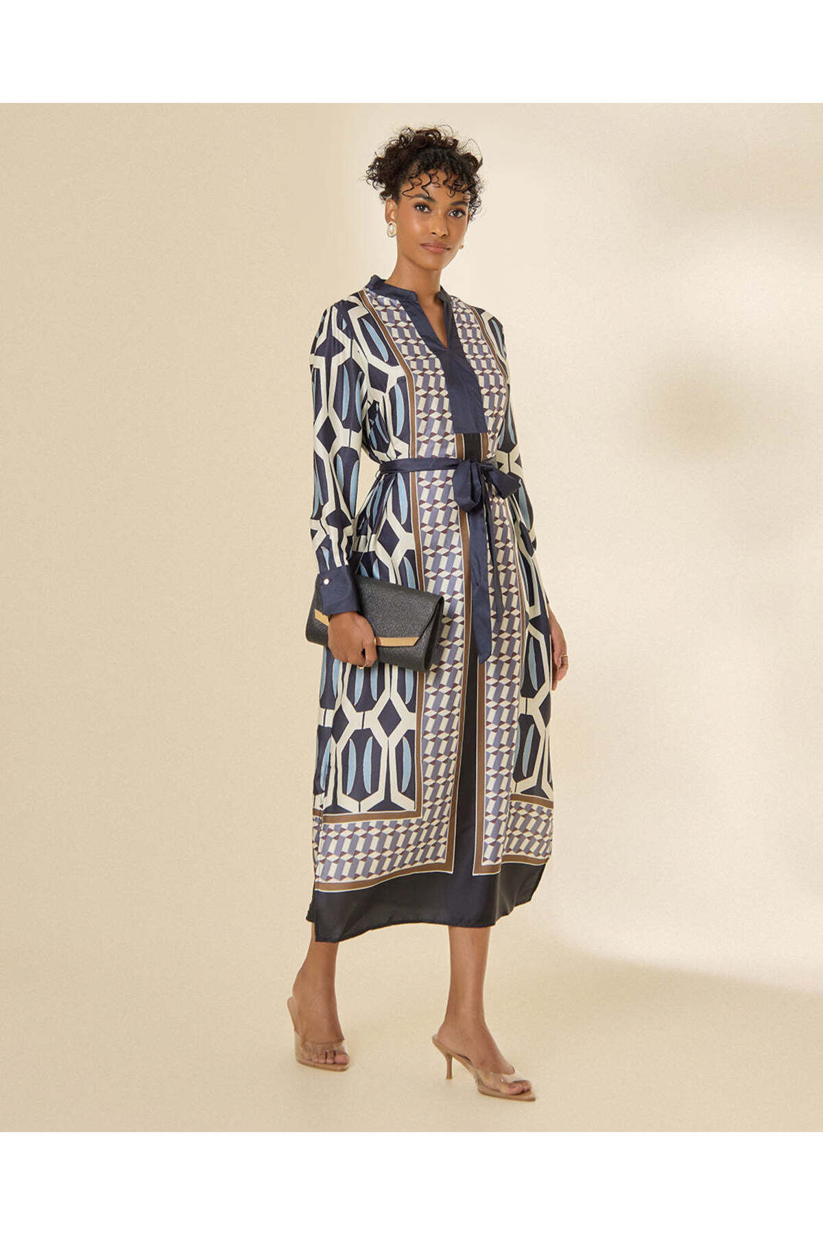 REDTAG Women Navy Satin Printed Maxi Dress
