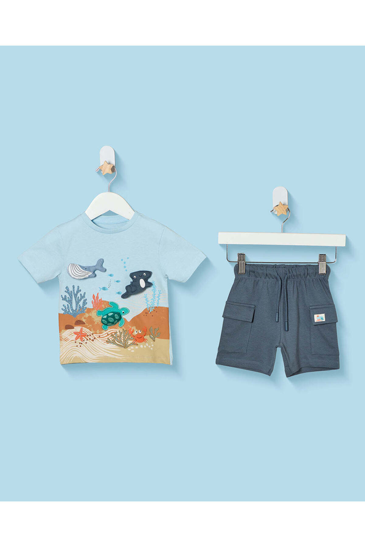REDTAG Infant Boys Blue Sea Animal T-Shirt And Shorts Set
