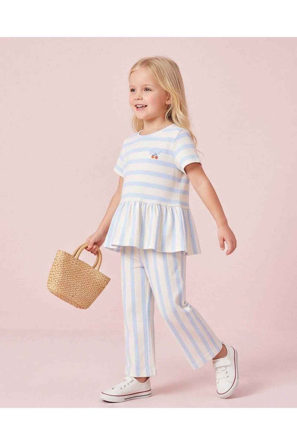 REDTAG Girls Blue Striped Peplum Top And Wide Leg Pants Set
