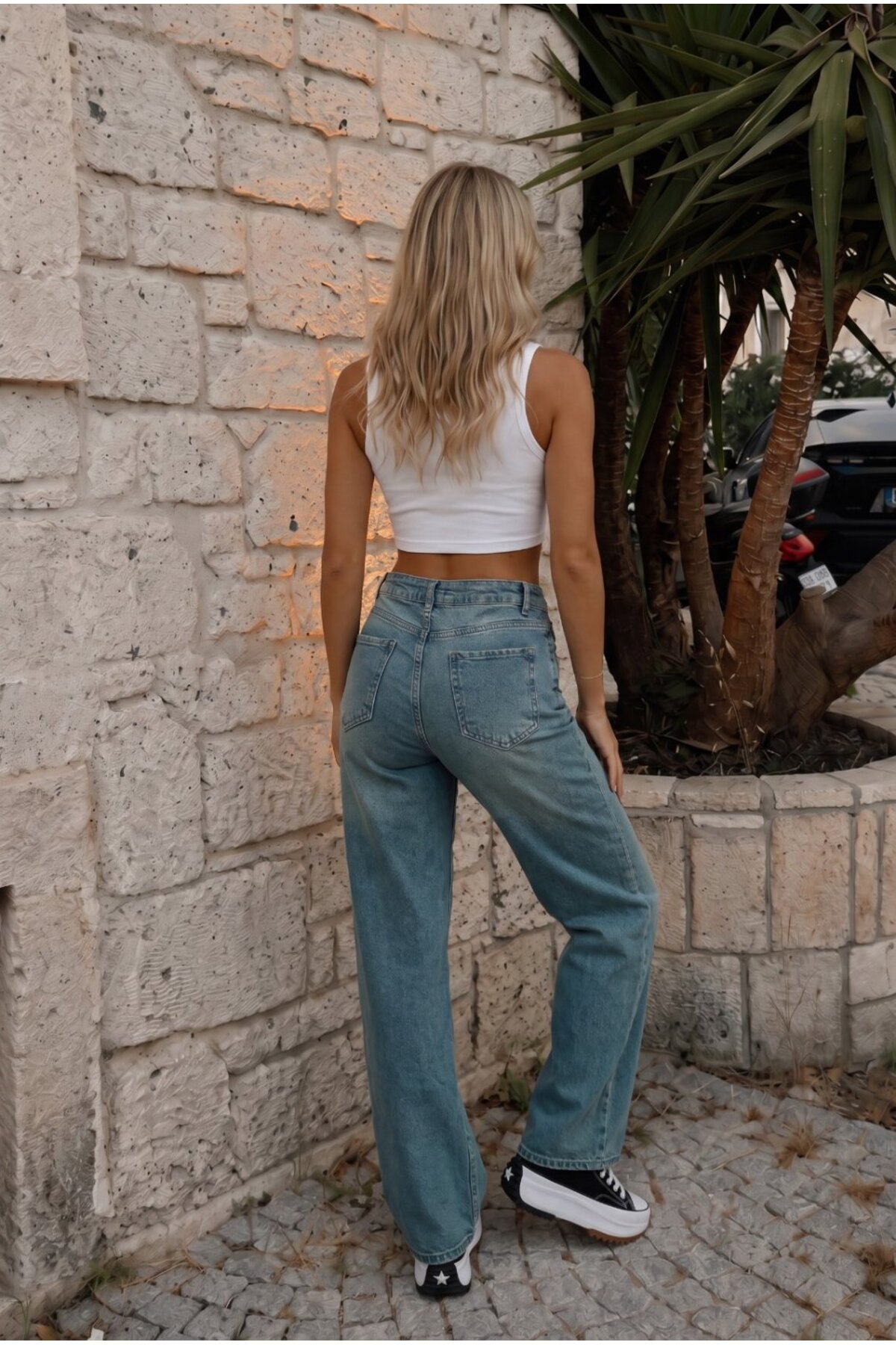 Kadın Vintage Efektli Yüksek Bel Esnek Wide Leg Jeans KOYU MAVİ 7