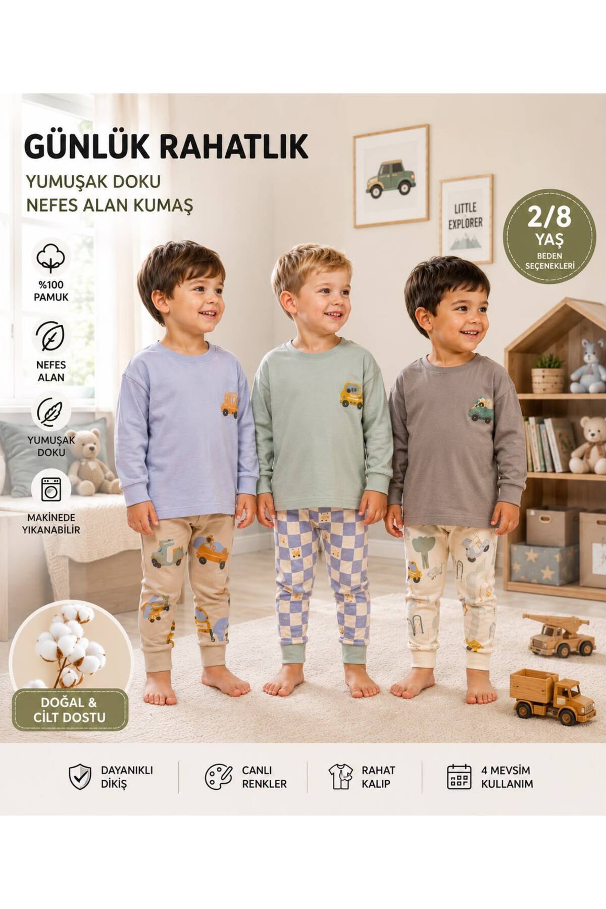 ciklet kids Boys' 3-Piece Pajama Set