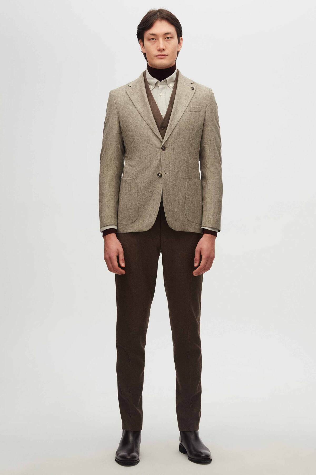 Slim Fit Vizon Desenli %100 Yün Takim Elbise Kombinli — بژ 3DFK5ML045671 — تصویر 4 از 8