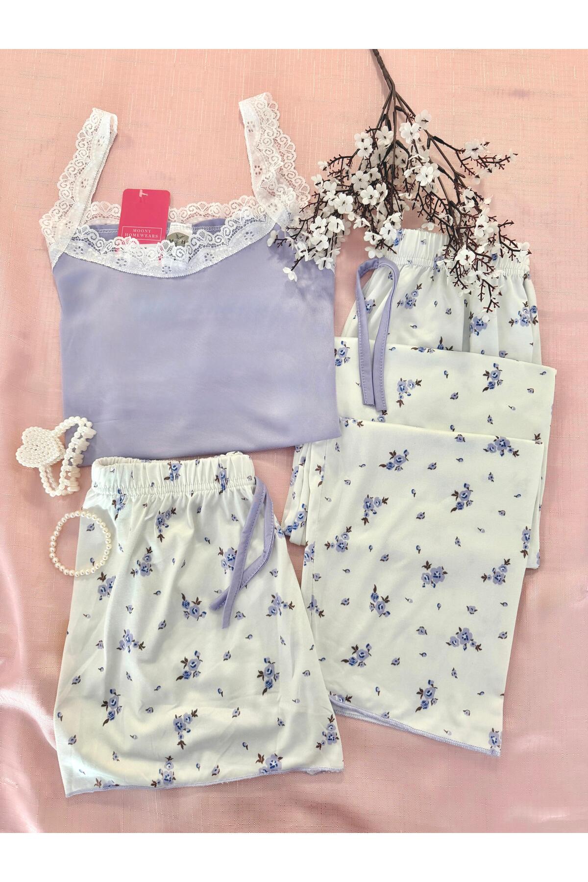 MH Moony Homewears 3-Piece Lace Lilac Flower Garden Pajama Set