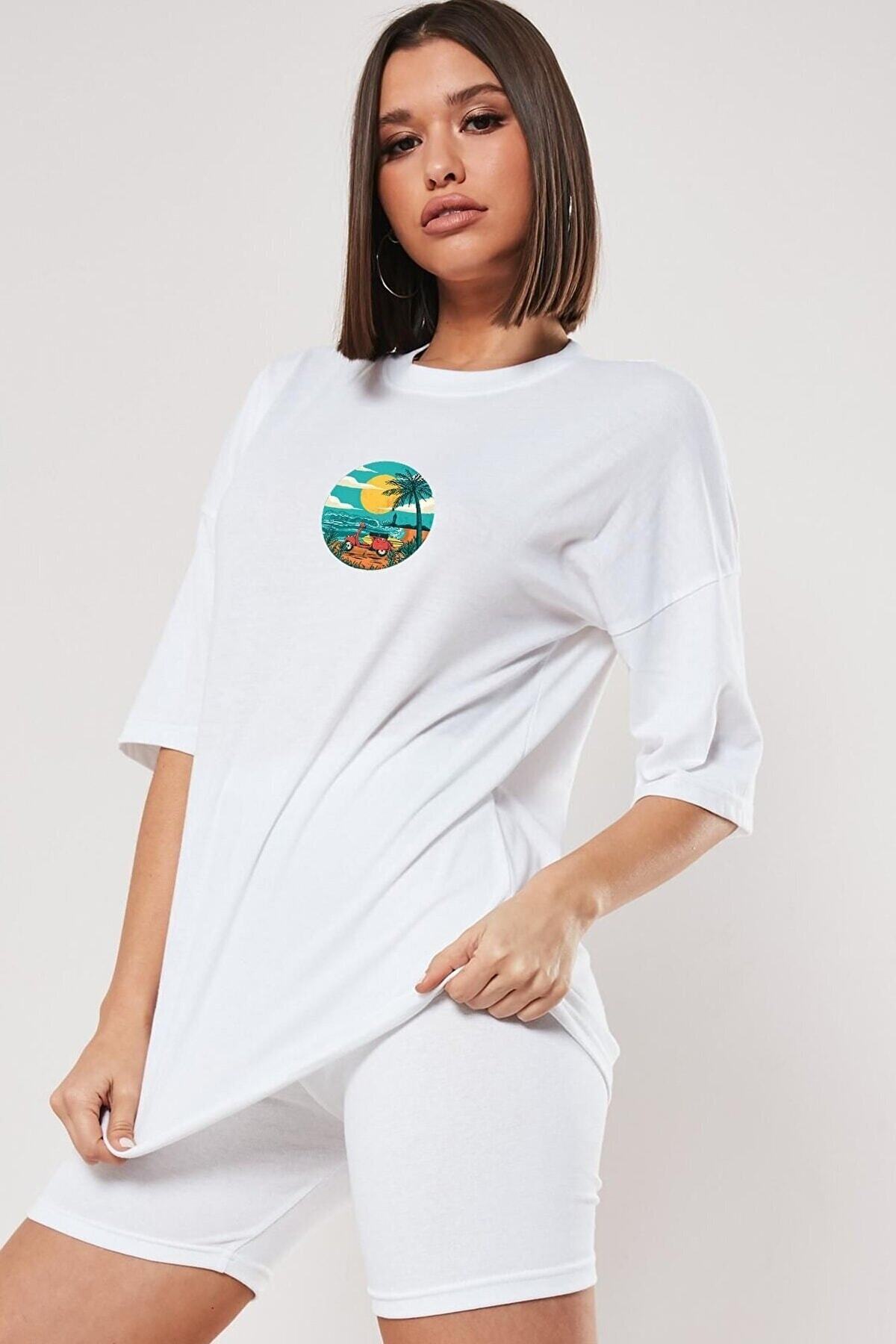 yombaa Women's Black and White World Crew Neck Oversize Cotton T-shirt
