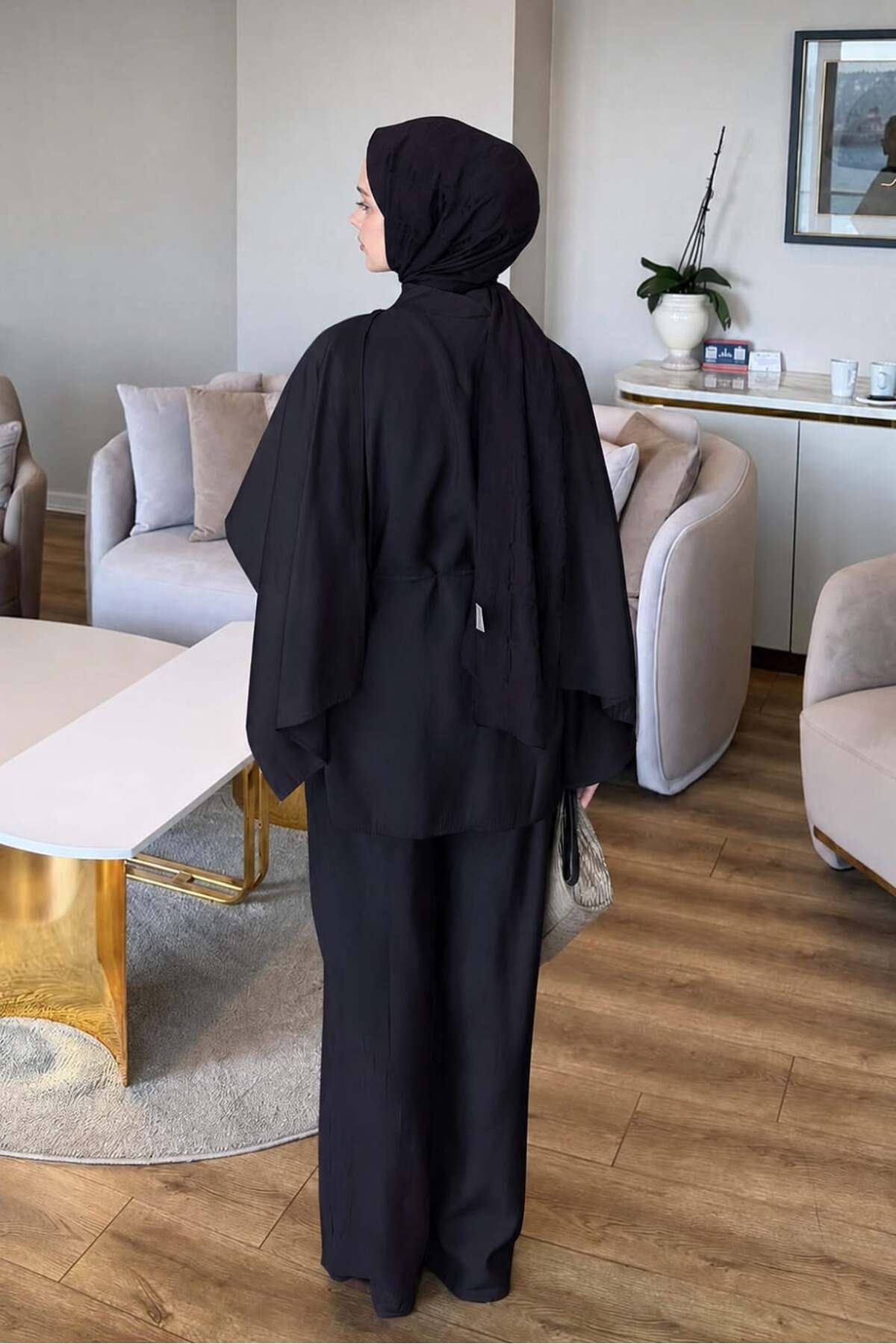 lamelif Şallı Pantolon Takım Siyah görsel 3