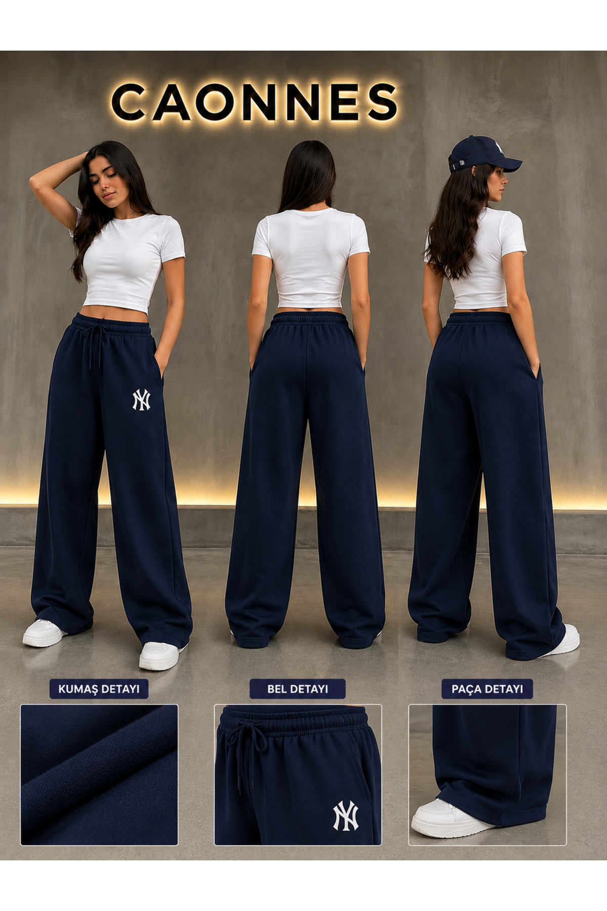 CAONNES 3'lü Kadın NY Baskılı Mevsimlik Eşofman Altı (siyah-gri-lacivert) Basic Oversize Günlük Rahat Kesim görsel 5