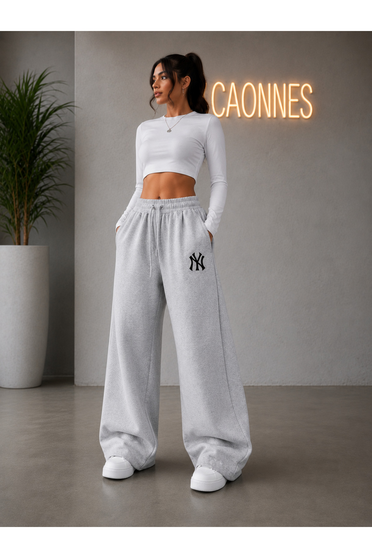 CAONNES 2'li Kadın NY Baskılı Eşofman Altı (Siyah-Gri) Oversize Baggy Salaş Paça görsel 4