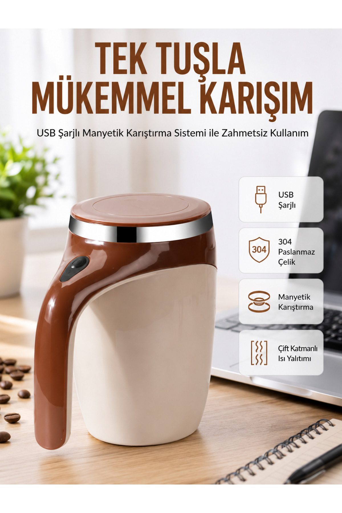 UCUZTEKNO USB Şarjlı Elektrikli Karıştırıcı Kupa – Sıcak & Soğuk İçecekler için