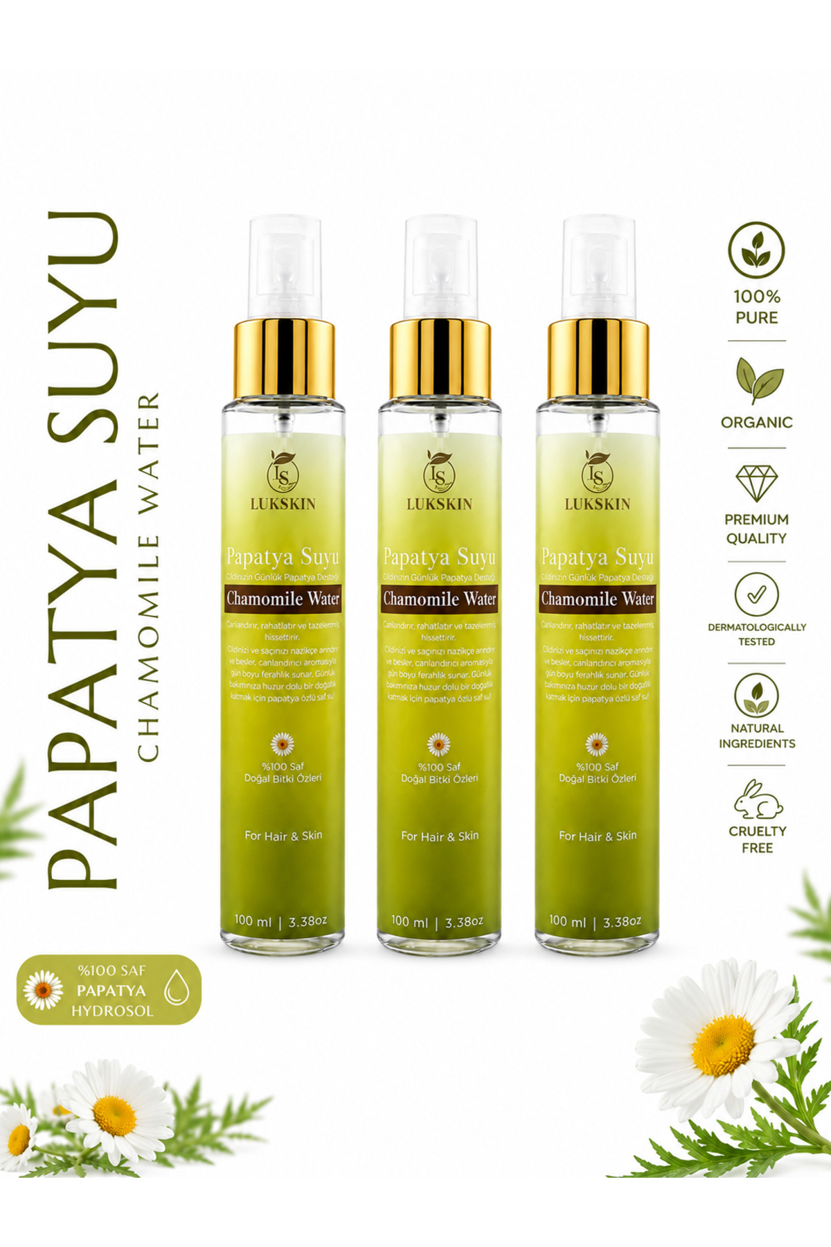 LUKSKIN Doğal Papatya Suyu Saç Açıcı Sprey Saç Renk Açıcı Saf Saç Toniği Parlaklık Veren Tonik 3li 100 ml — 085